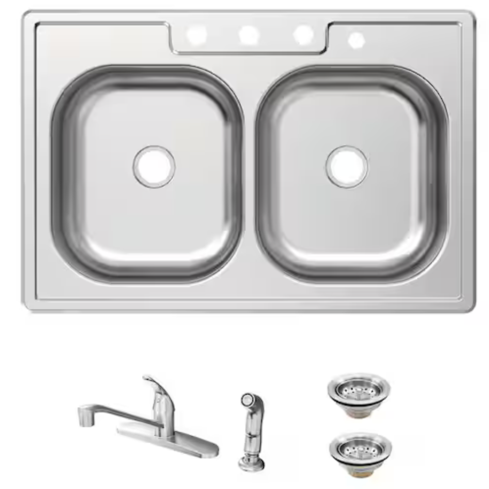 33" Drop in Double Bowl 22 Gauge SS Kitchen Sink with Faucet & Strainer Basket