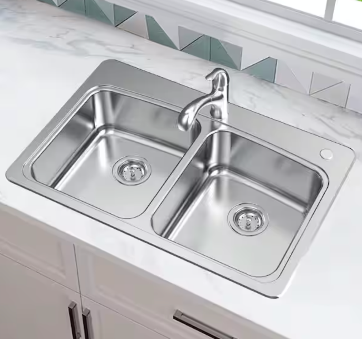 33” Drop-in Double Bowl 20 Gauge SS Kitchen Sink with Pull-out Faucet & Strainer Basket