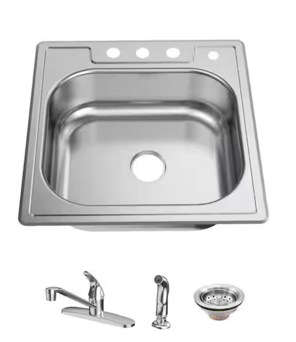 Glacier Bay 25” Drop in Single Bowl 22 Gauge SS Kitchen Sink with Faucet & Sprayer
