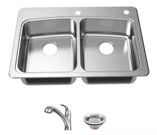 33” Drop-in Double Bowl 20 Gauge SS Kitchen Sink with Pull-out Faucet & Strainer Basket