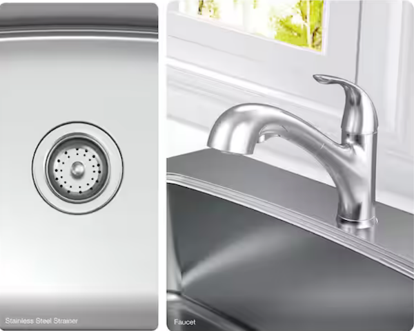 33” Drop-in Double Bowl 20 Gauge SS Kitchen Sink with Pull-out Faucet & Strainer Basket